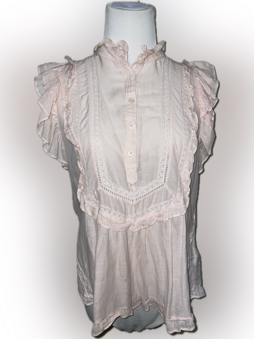 Zadig & Voltaire Tama Tomboy Light Pink Ruffle Lace Front Cotton Blouse | S